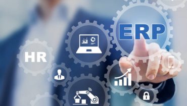 Enterprise Resource Planning (ERP) and business process management technology concept on virtual interface with icons in connected gears and manager in background